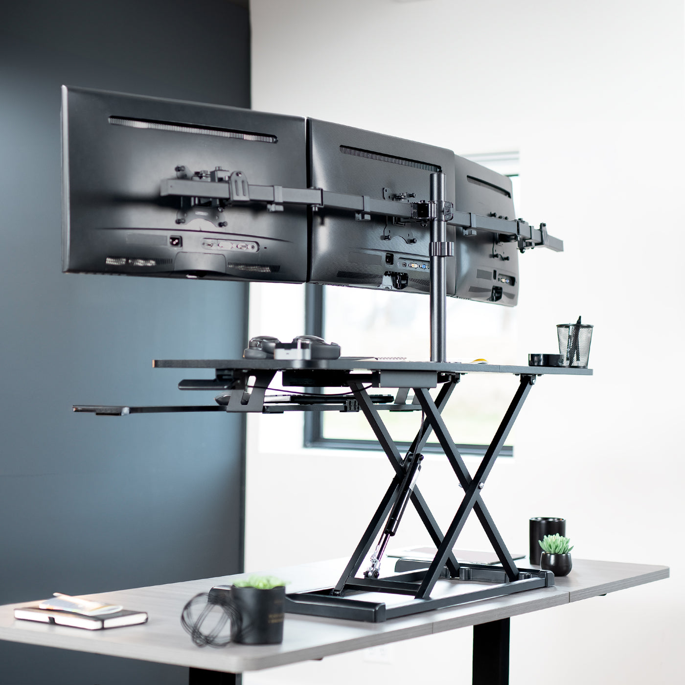 Extra Large Black Desk Riser with Triple Monitor Mount – VIVO - desk ...