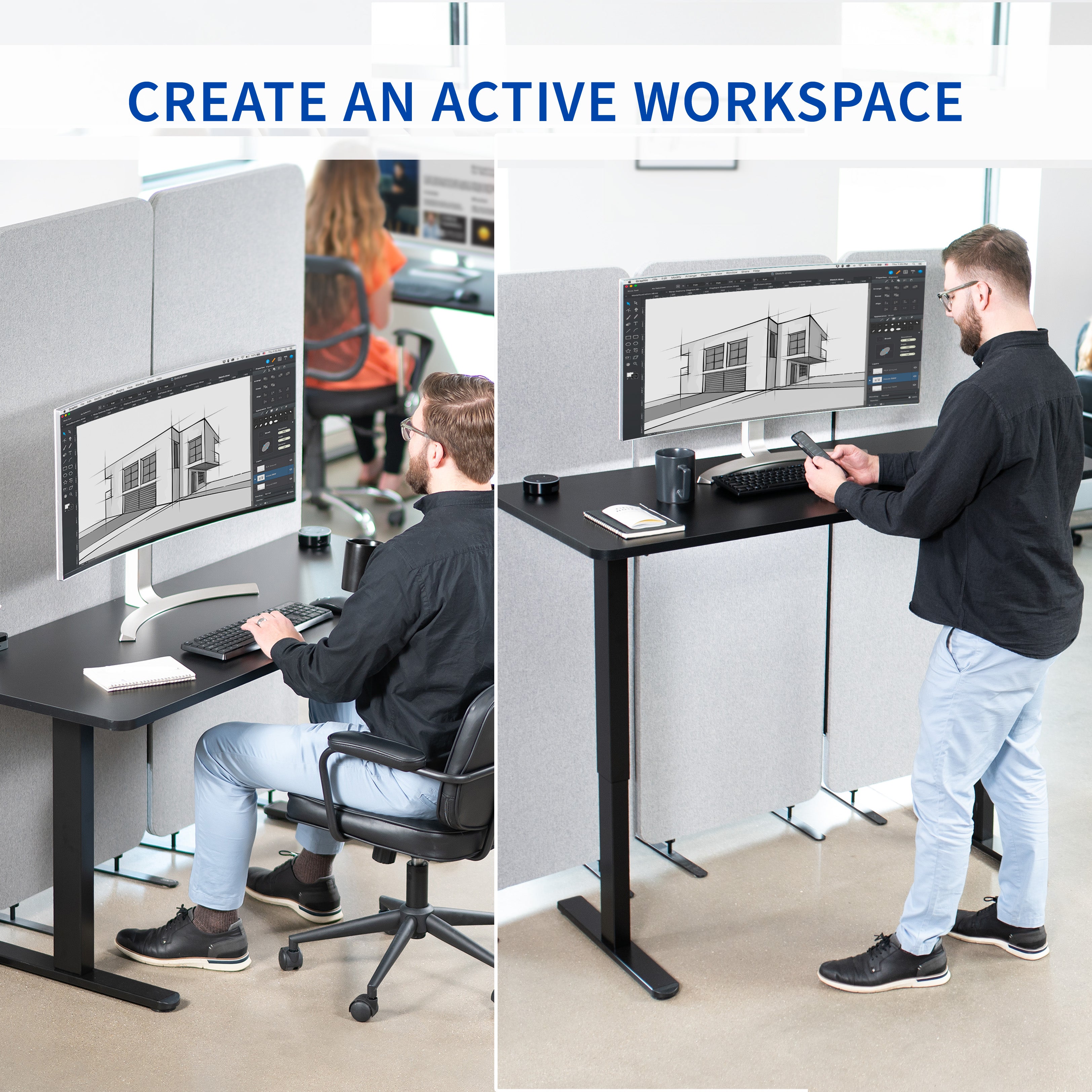 Heavy-duty electric height adjustable desktop workstation for active sit or stand efficient workspace.
