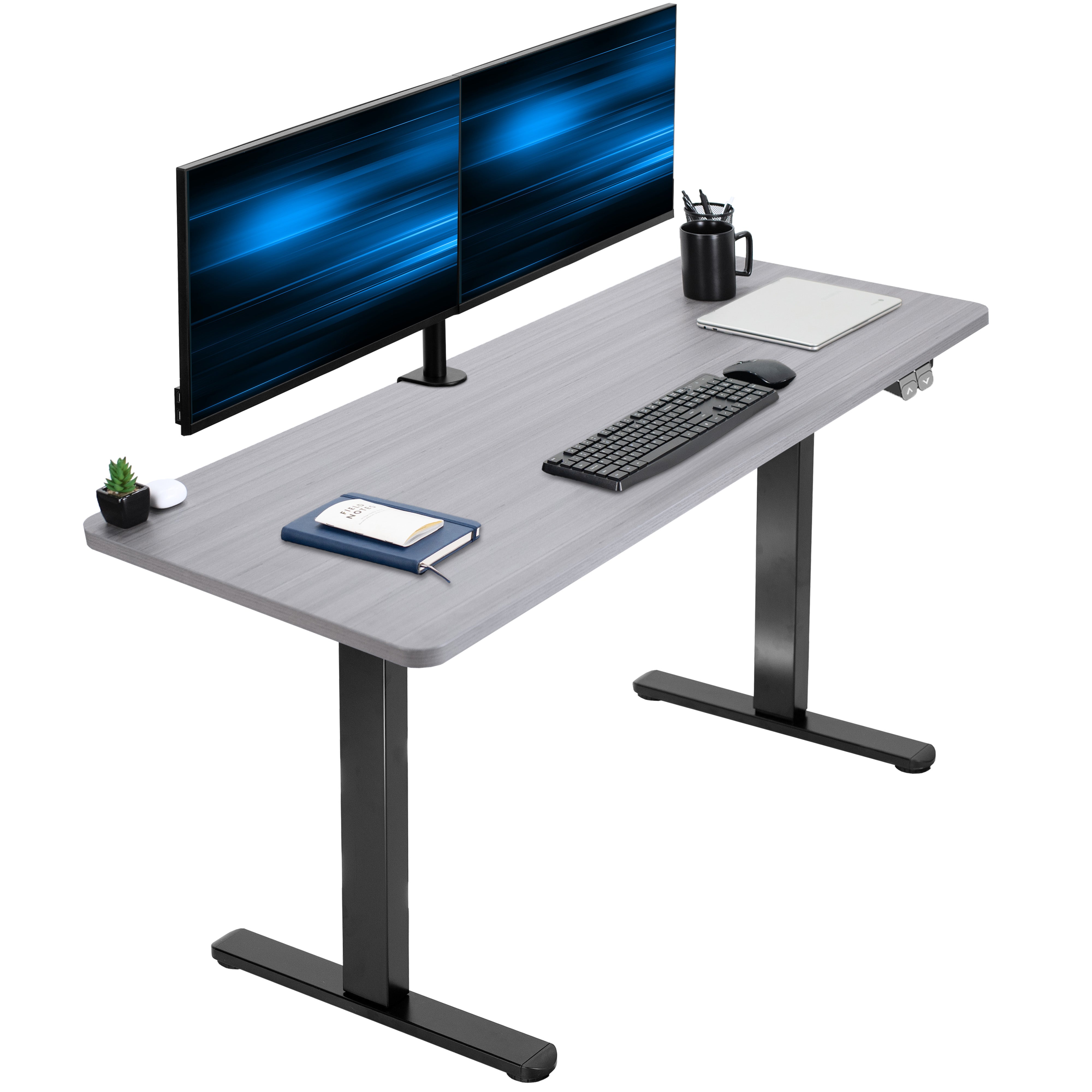 Heavy-duty electric height adjustable desktop workstation for active sit or stand efficient workspace.