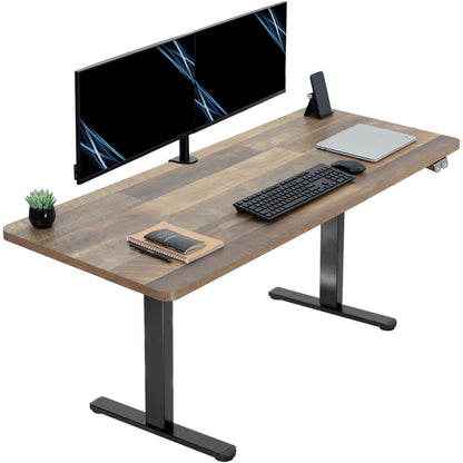 Heavy-duty wood plank pattern electric height adjustable desktop workstation for active sit or stand efficient workspace.