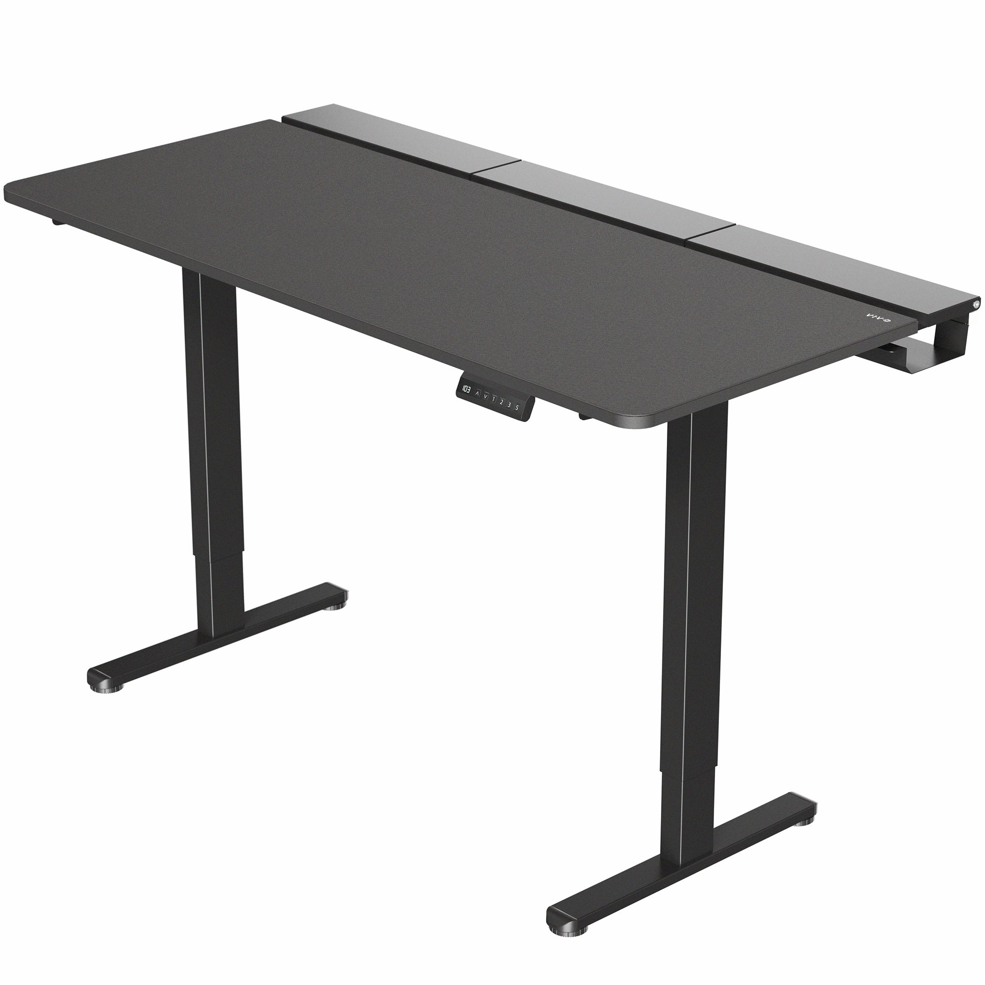 Dual motor electric desk with concealed cable management/storage trays and a full-sized desk pad, featuring memory controller height adjustment with memory settings.