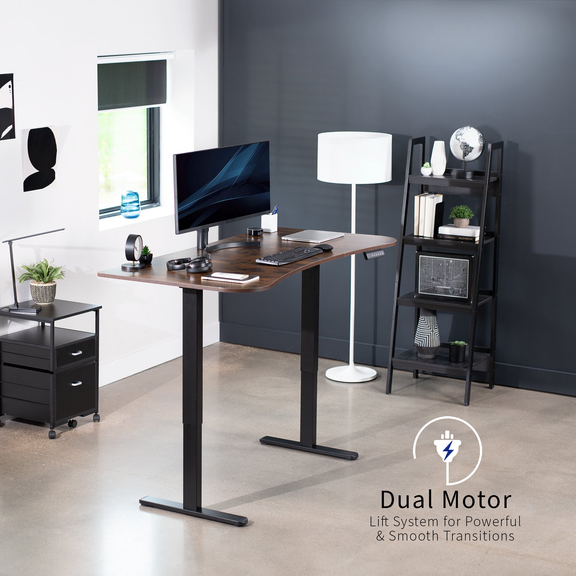 Heavy-duty electric sit to stand height adjustable ergonomic desk workstation with programmable memory controller for convenient productive workspace.