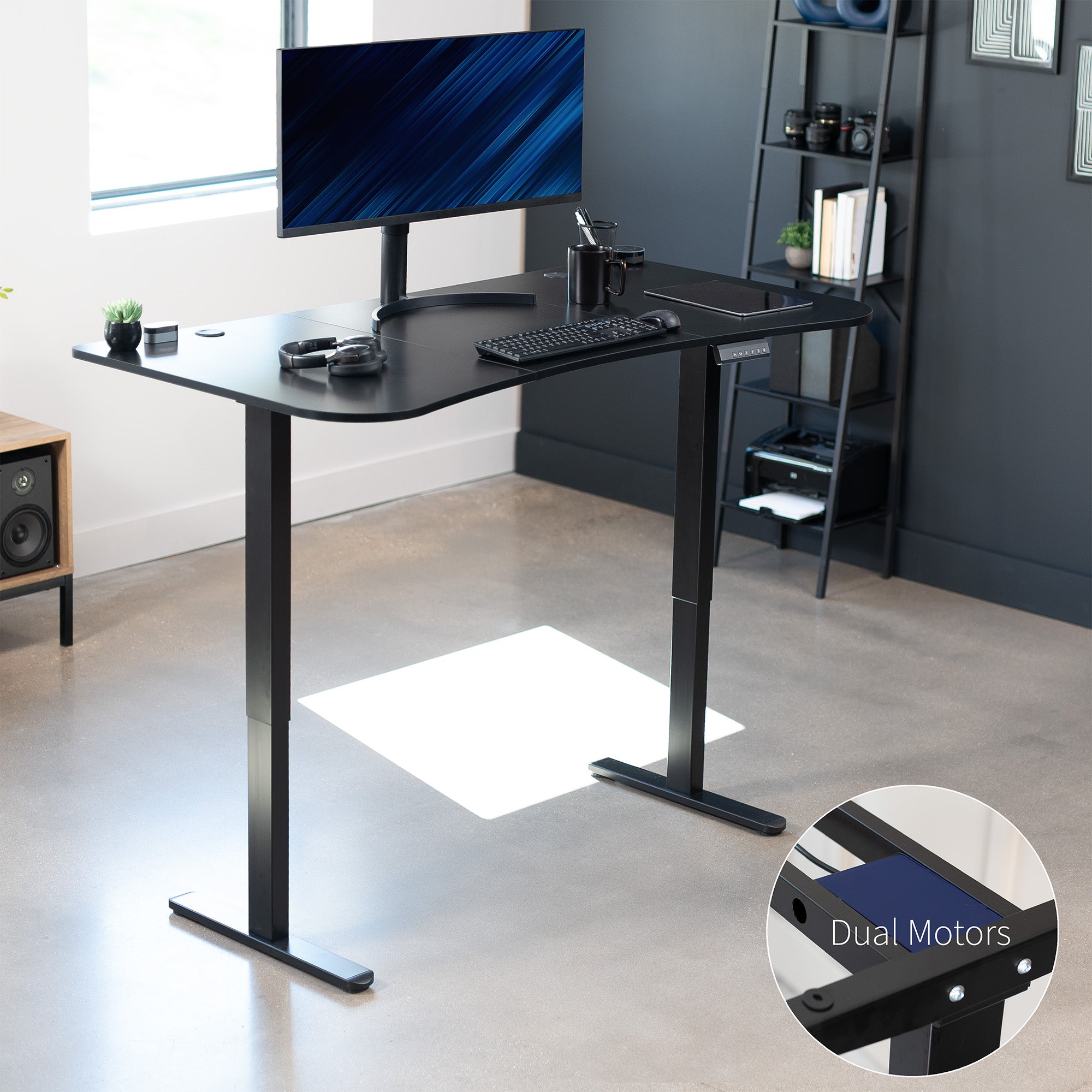 Heavy-duty carbon fiber top electric sit to stand height adjustable ergonomic desk workstation with programmable memory controller for convenient productive workspace.