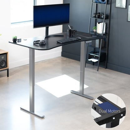 Heavy-duty carbon fiber top electric sit to stand height adjustable ergonomic desk workstation with programmable memory controller for convenient productive workspace.