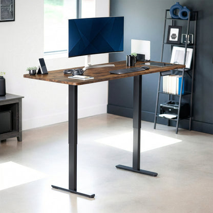 71 x 30 inch rustic dual motor electric desk featuring memory controller height adjustment with memory settings