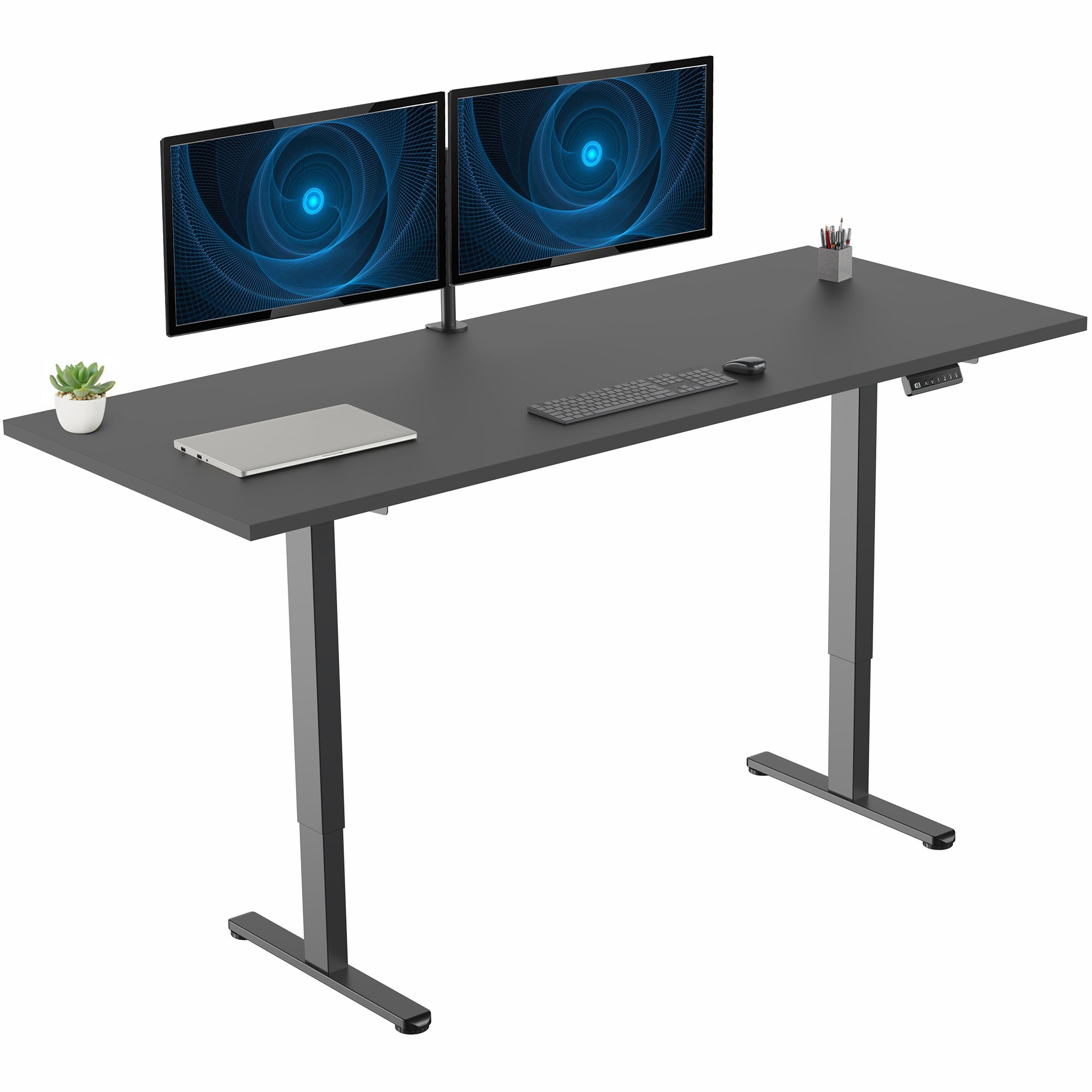 71 x 30 inch dual motor electric desk with squared edges, featuring memory controller height adjustment with memory settings