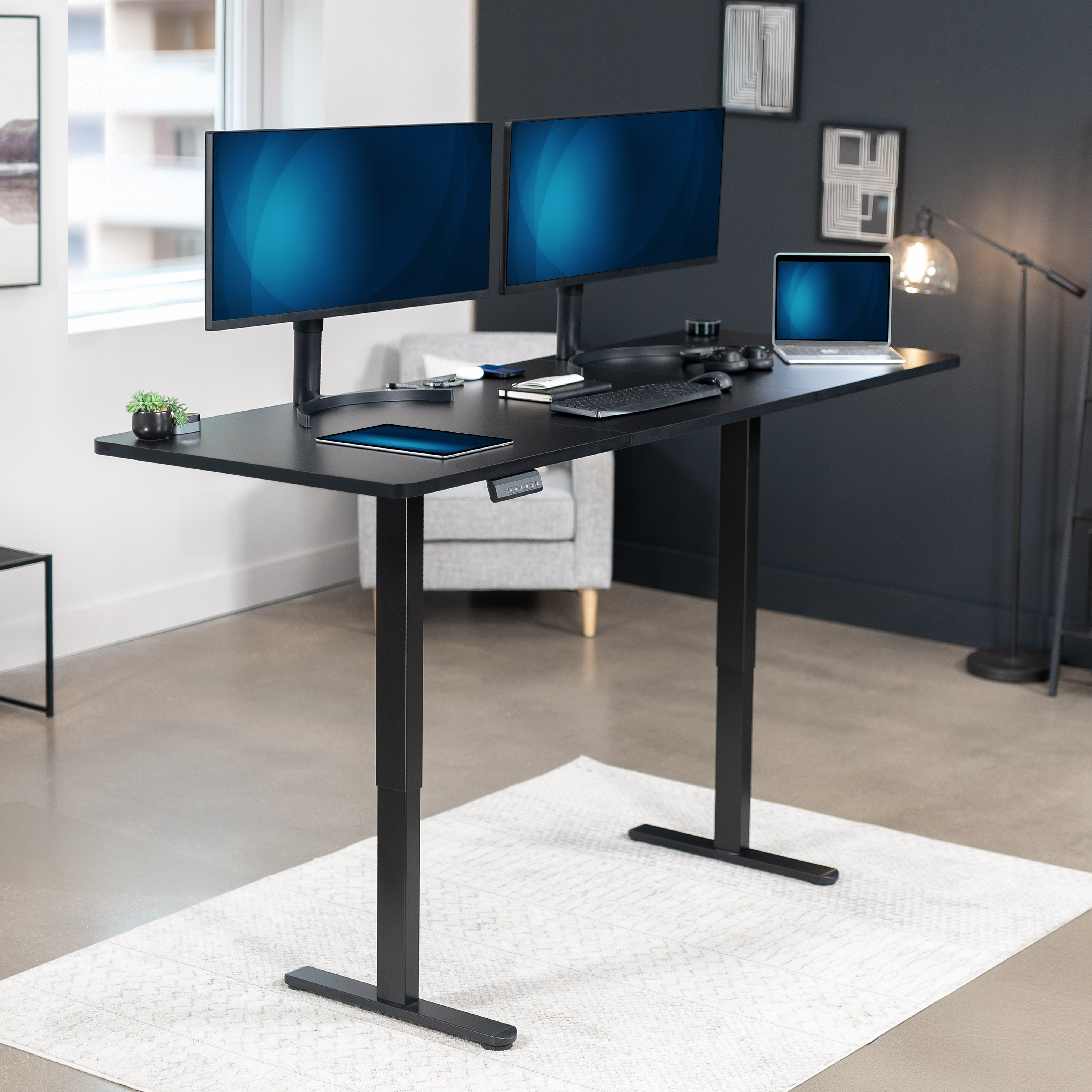 83 x 30 inch dual motor electric desk featuring smart controller height adjustment with memory settings