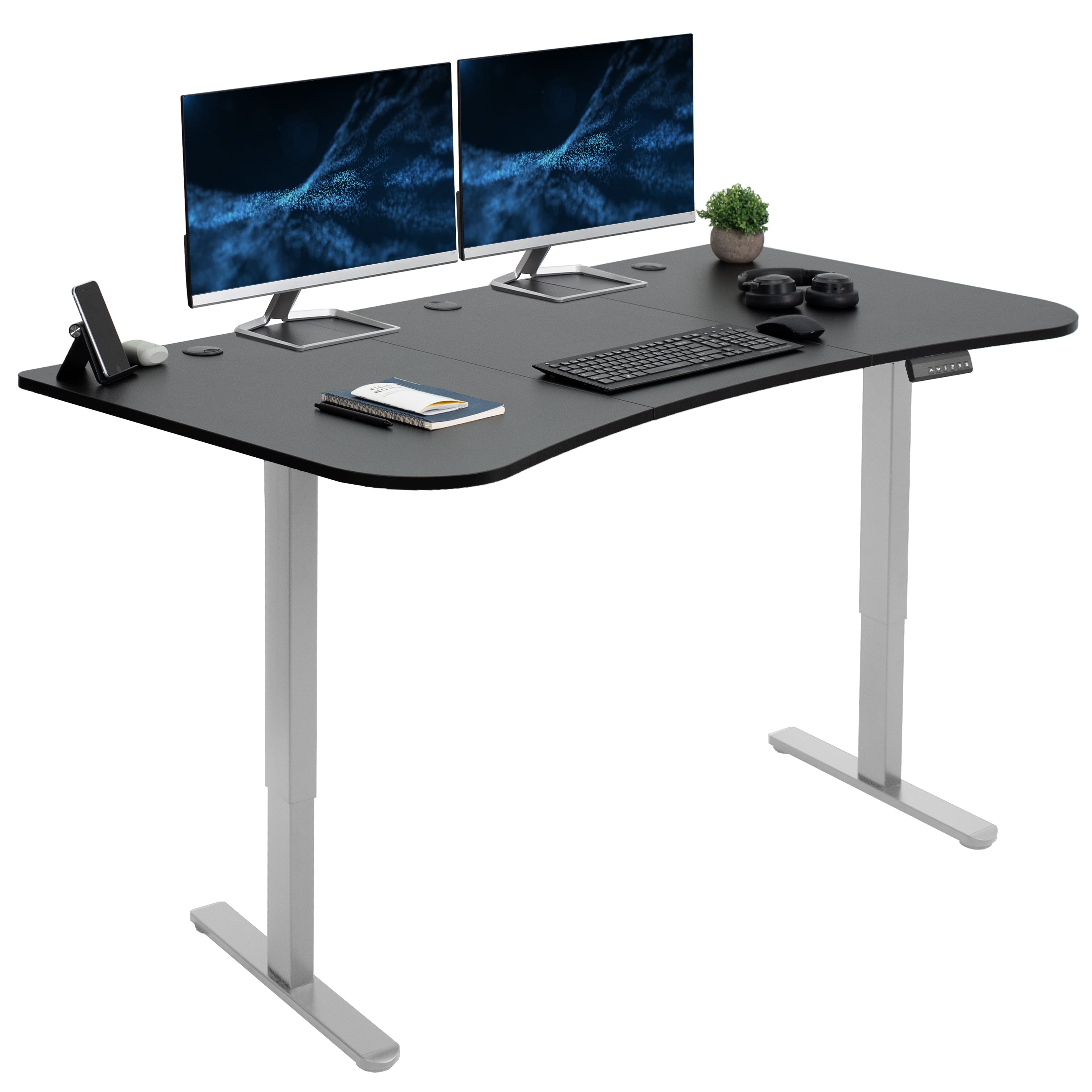 Heavy-duty electric sit to stand height adjustable ergonomic desk workstation with programmable memory controller for convenient productive workspace.