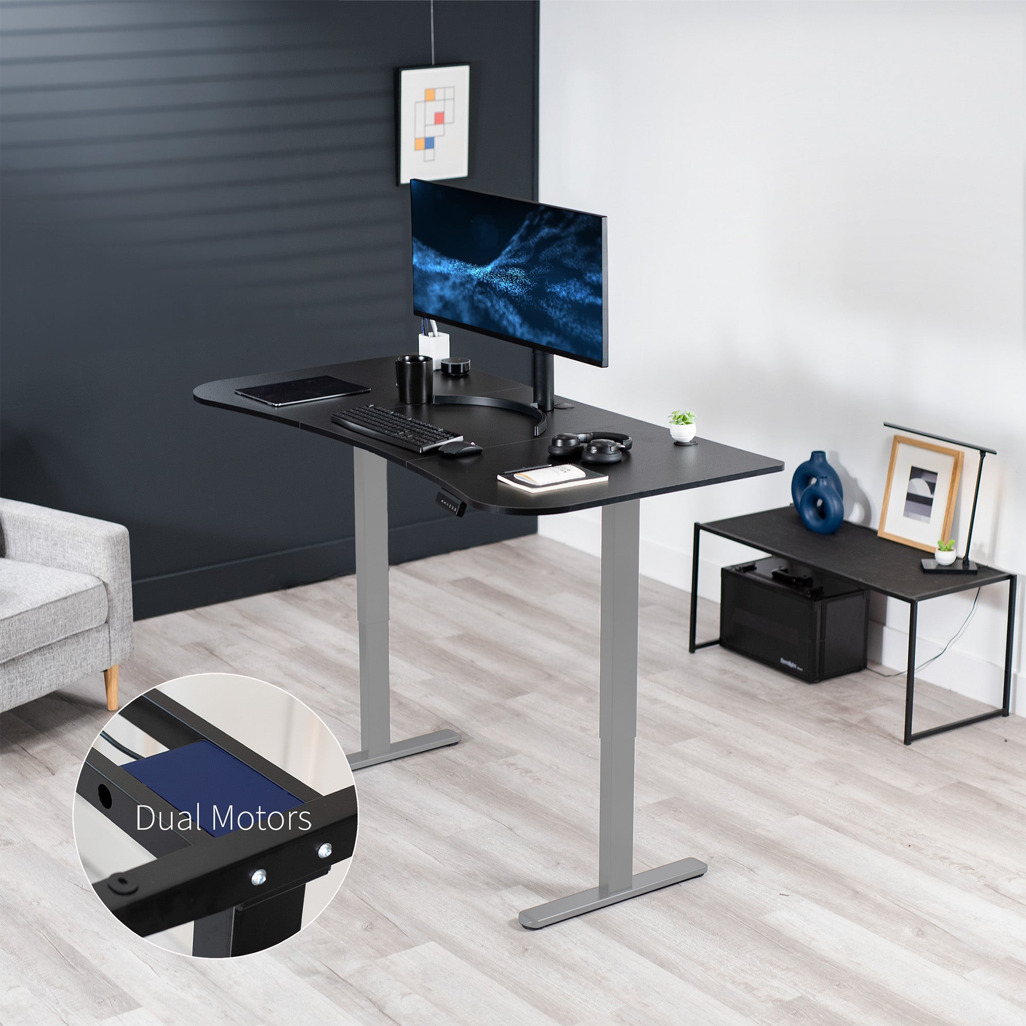 Heavy-duty electric sit to stand height adjustable ergonomic desk workstation with programmable memory controller for convenient productive workspace.