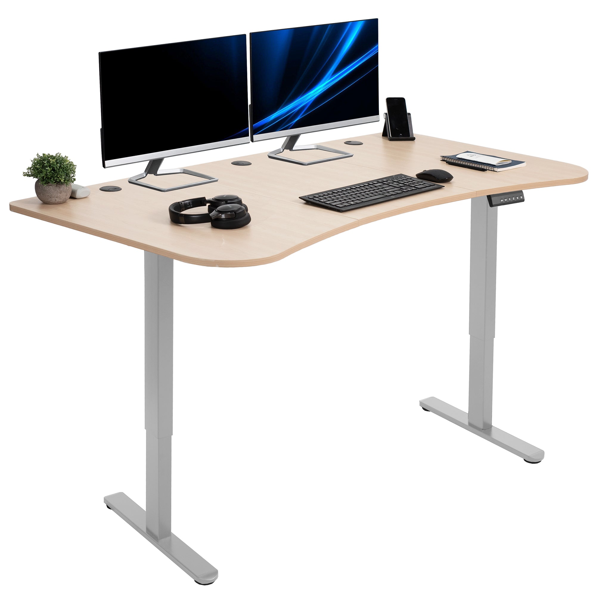 Heavy-duty electric sit to stand height adjustable ergonomic desk workstation with programmable memory controller for convenient productive workspace.