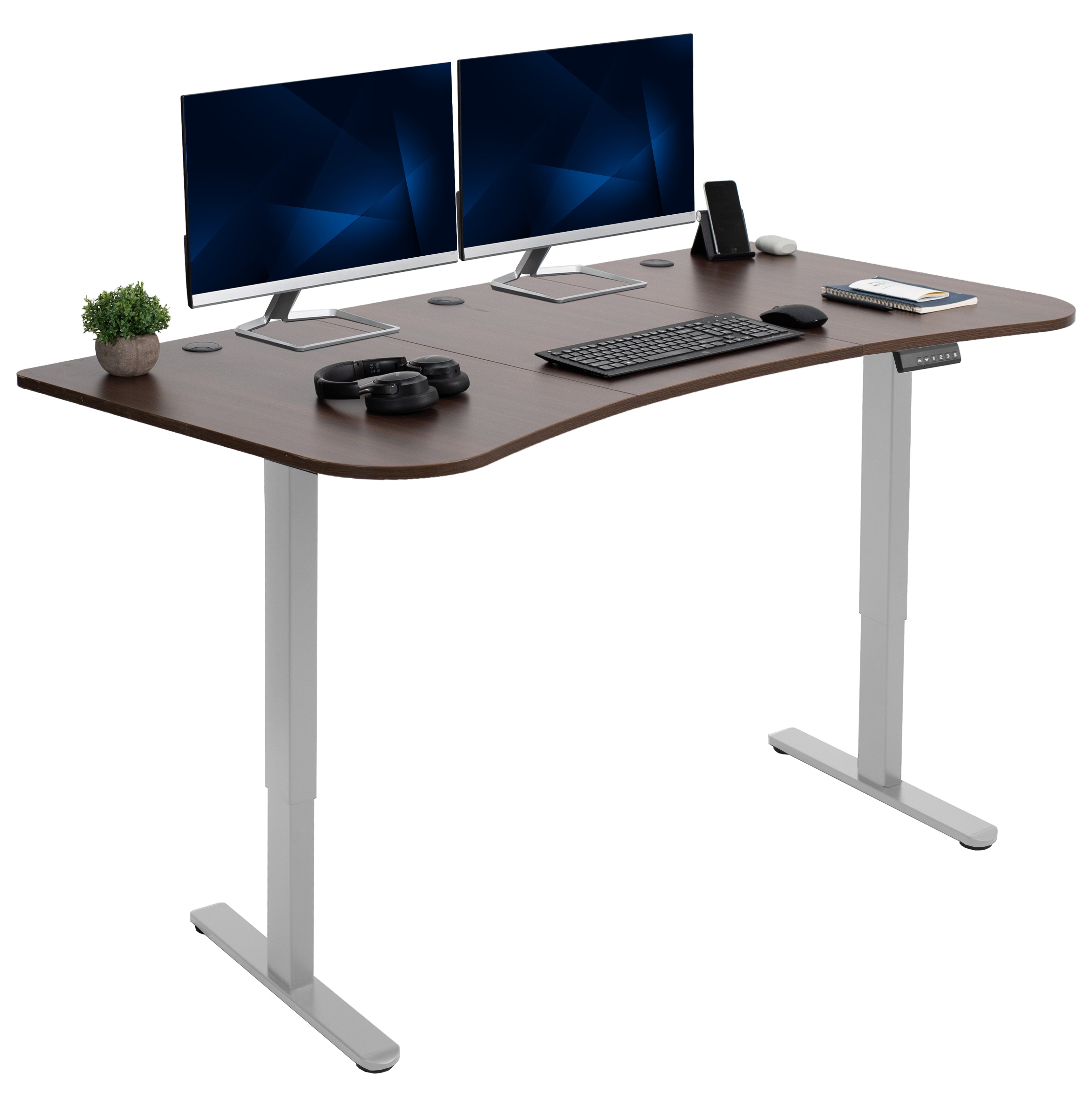 Heavy-duty electric sit to stand height adjustable ergonomic desk workstation with programmable memory controller for convenient productive workspace.