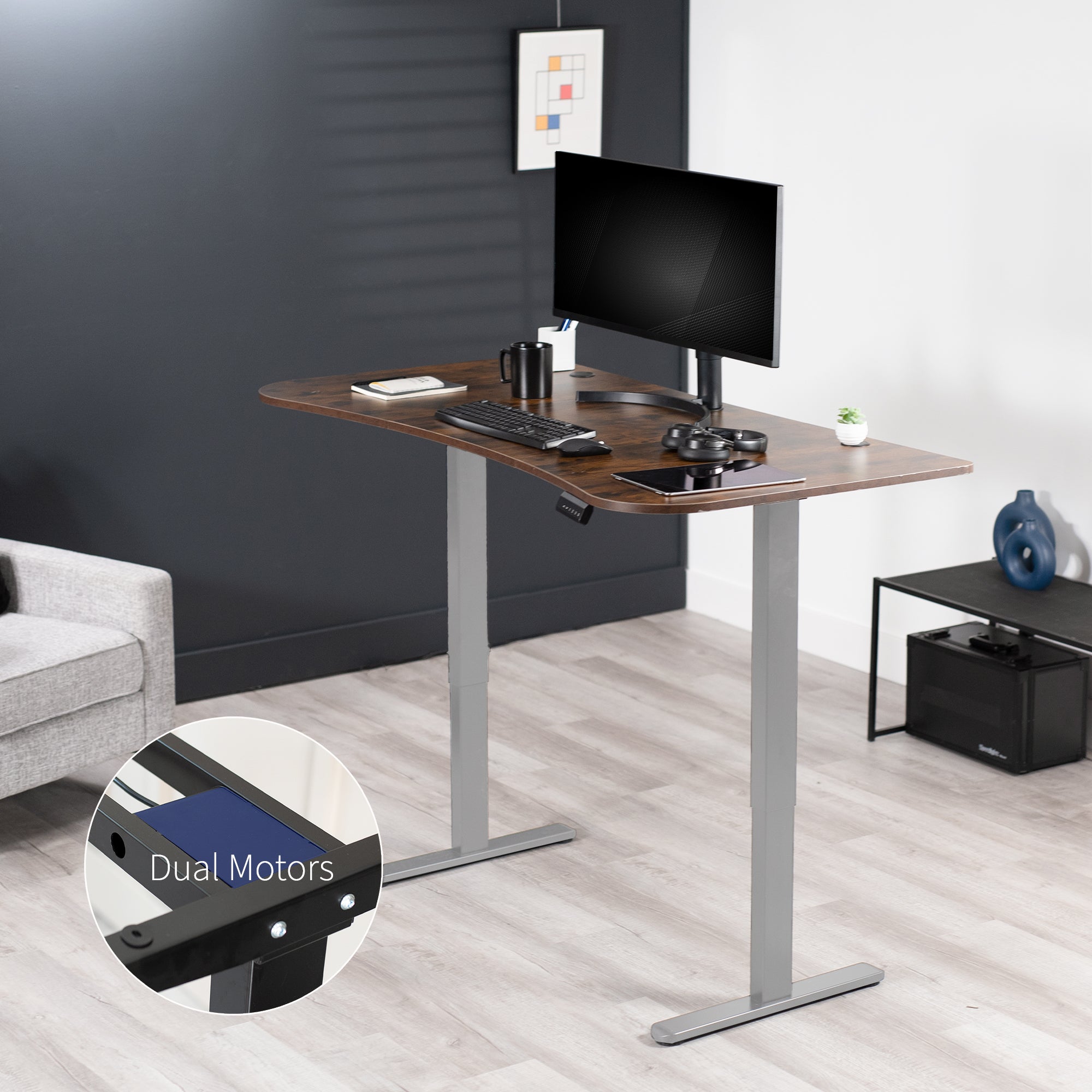 Rustic heavy-duty electric sit to stand height adjustable ergonomic desk workstation with programmable memory controller for convenient productive workspace.