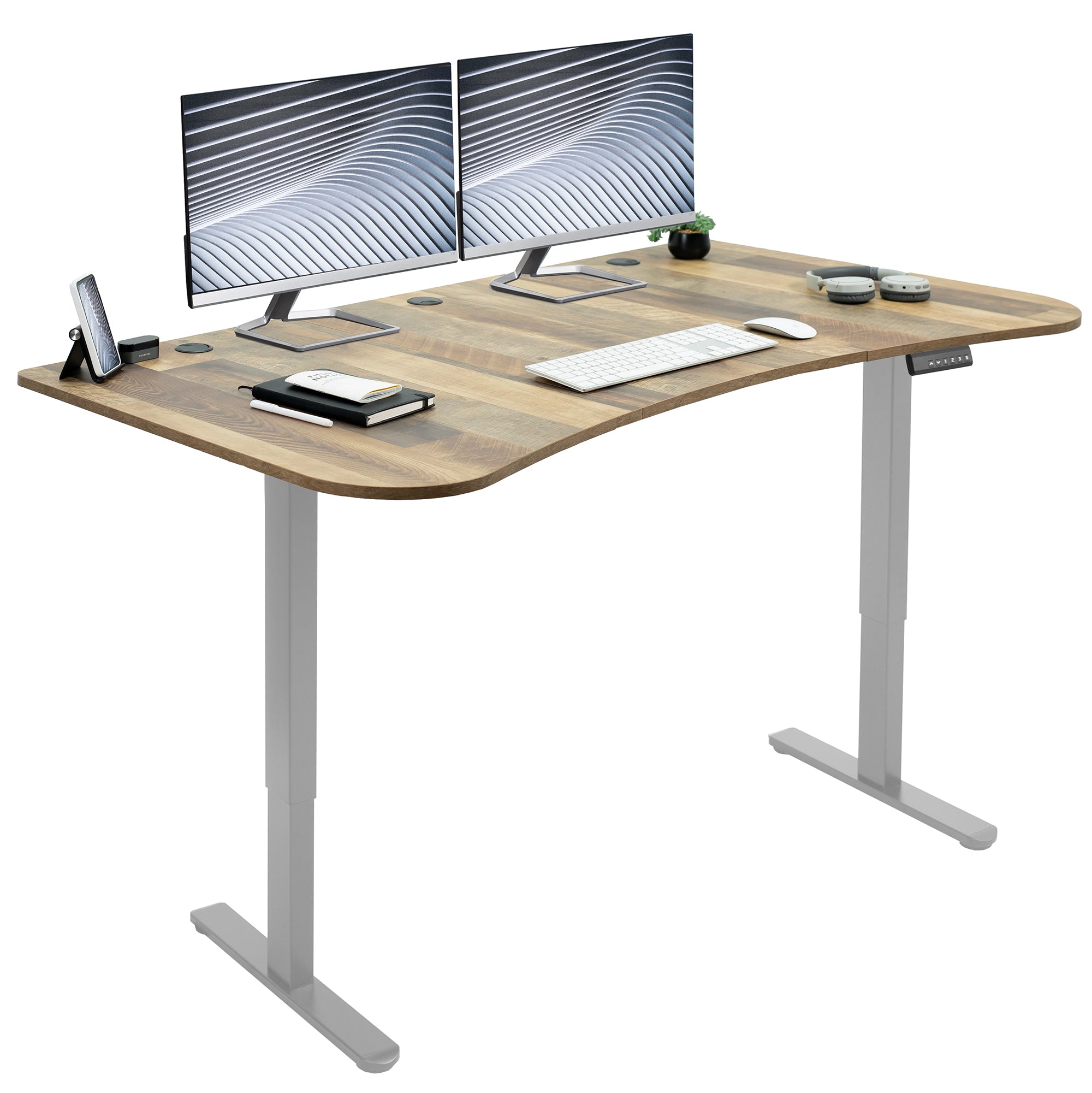 Heavy-duty electric sit to stand height adjustable ergonomic desk workstation with programmable memory controller for convenient productive workspace.