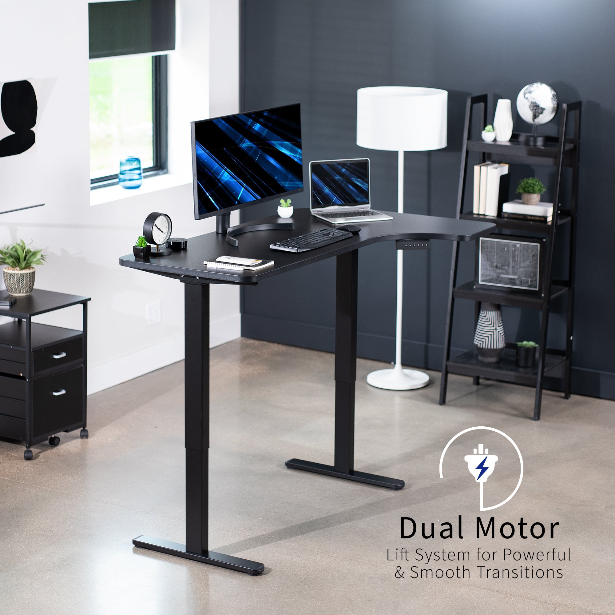 Dual motors designed to swiftly adjust the height of the desktop with built-in collision detection.