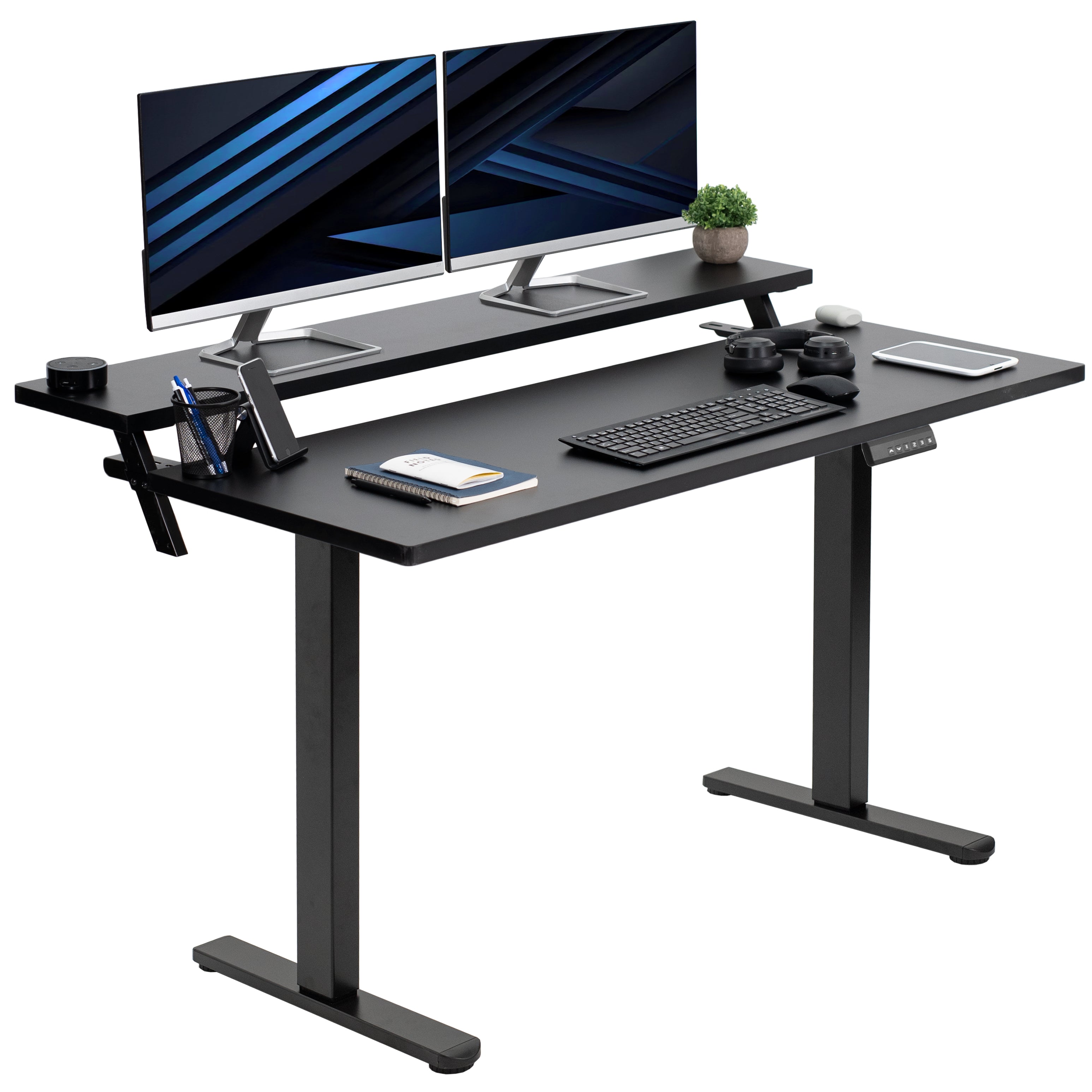 Heavy-duty dual tier electric height adjustable ergonomic desk workstation with programmable memory controller.