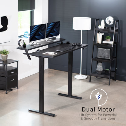 Heavy-duty dual tier electric height adjustable ergonomic desk workstation with programmable memory controller.