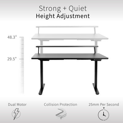 Heavy-duty dual tier electric height adjustable ergonomic desk workstation with programmable memory controller.