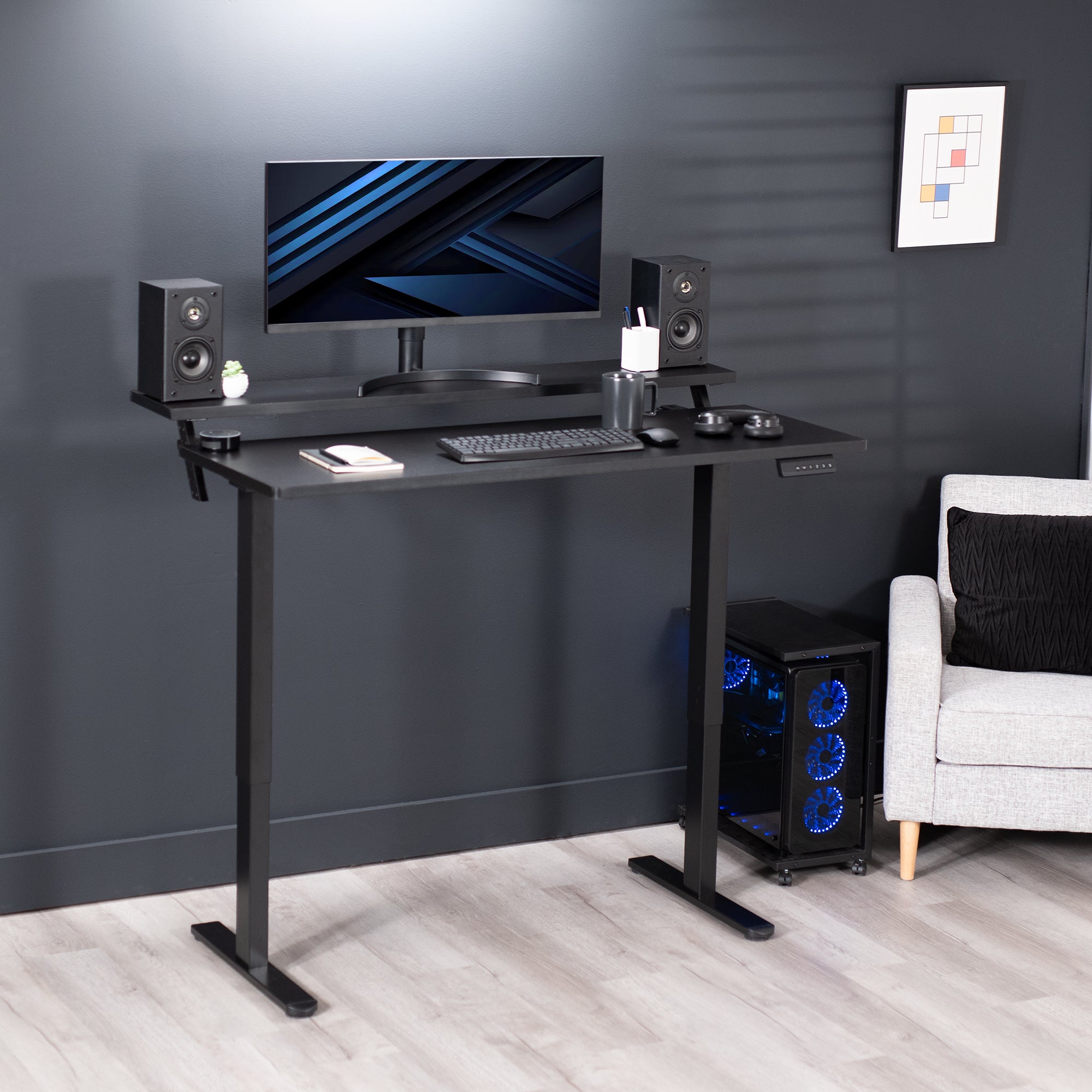 Heavy-duty dual tier electric height adjustable ergonomic desk workstation with programmable memory controller.