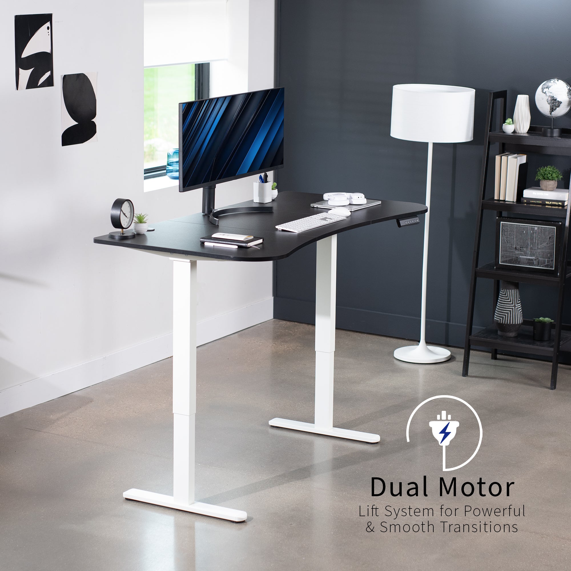 Heavy-duty electric sit to stand height adjustable ergonomic desk workstation with programmable memory controller for convenient productive workspace.