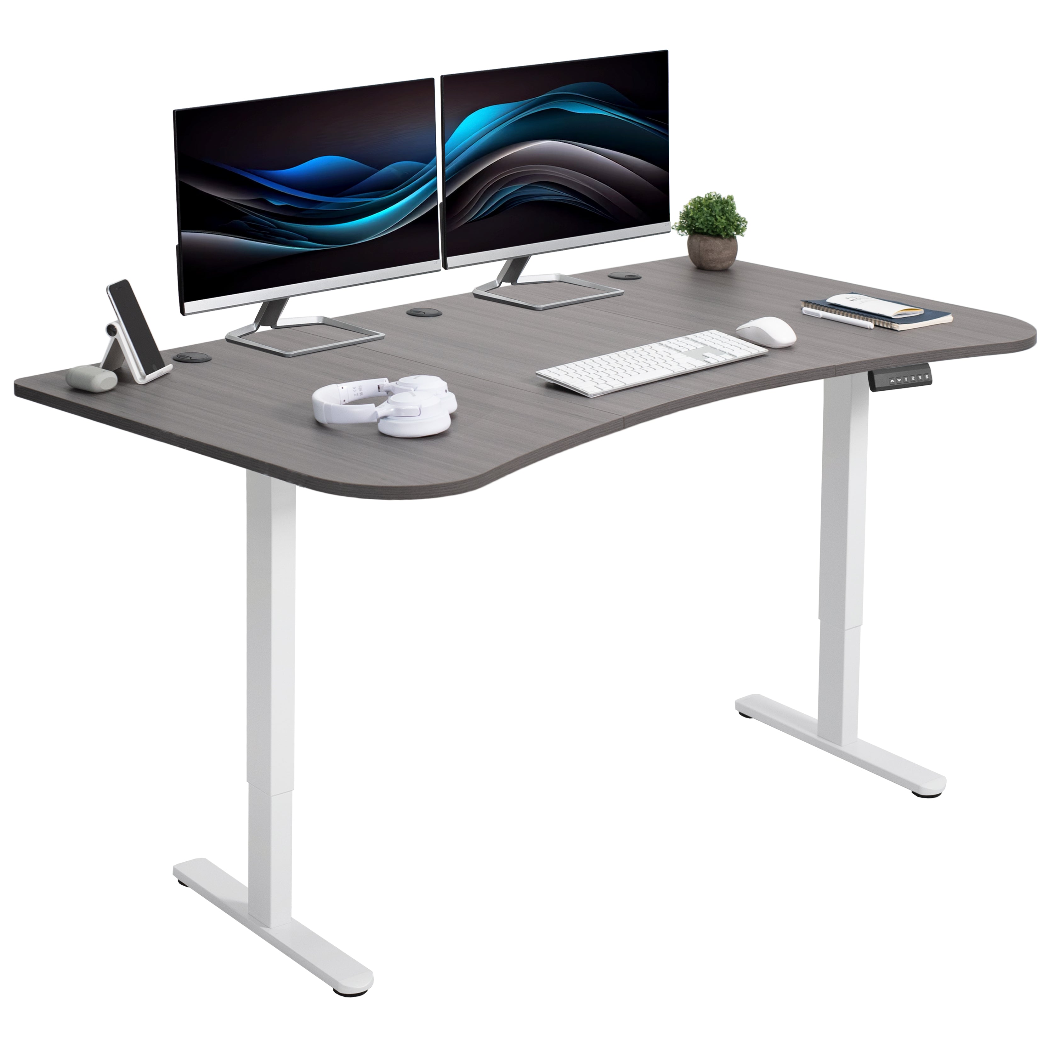 Heavy-duty electric sit to stand height adjustable ergonomic desk workstation with programmable memory controller for convenient productive workspace.