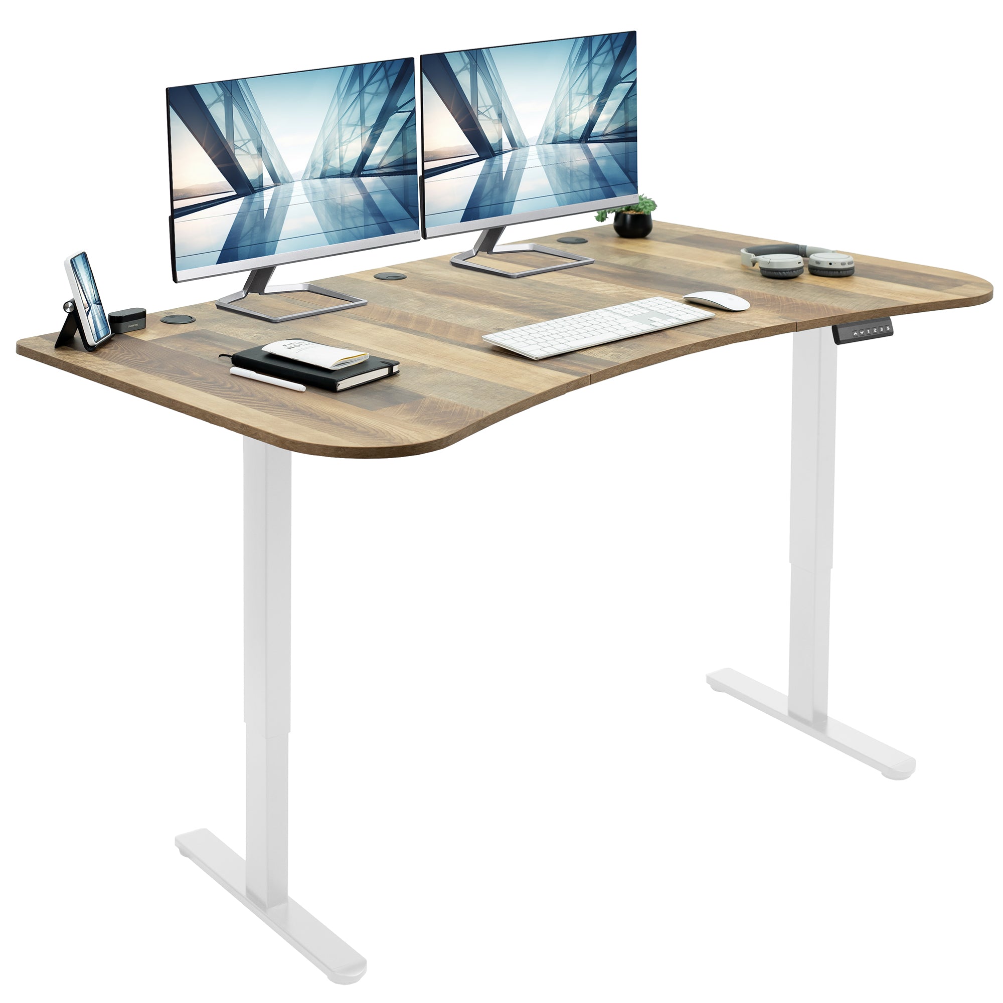 Heavy-duty electric sit to stand height adjustable ergonomic desk workstation with programmable memory controller for convenient productive workspace.