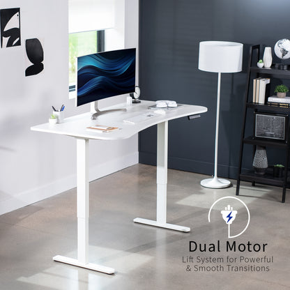 Heavy-duty electric sit to stand height adjustable ergonomic desk workstation with programmable memory controller for convenient productive workspace.