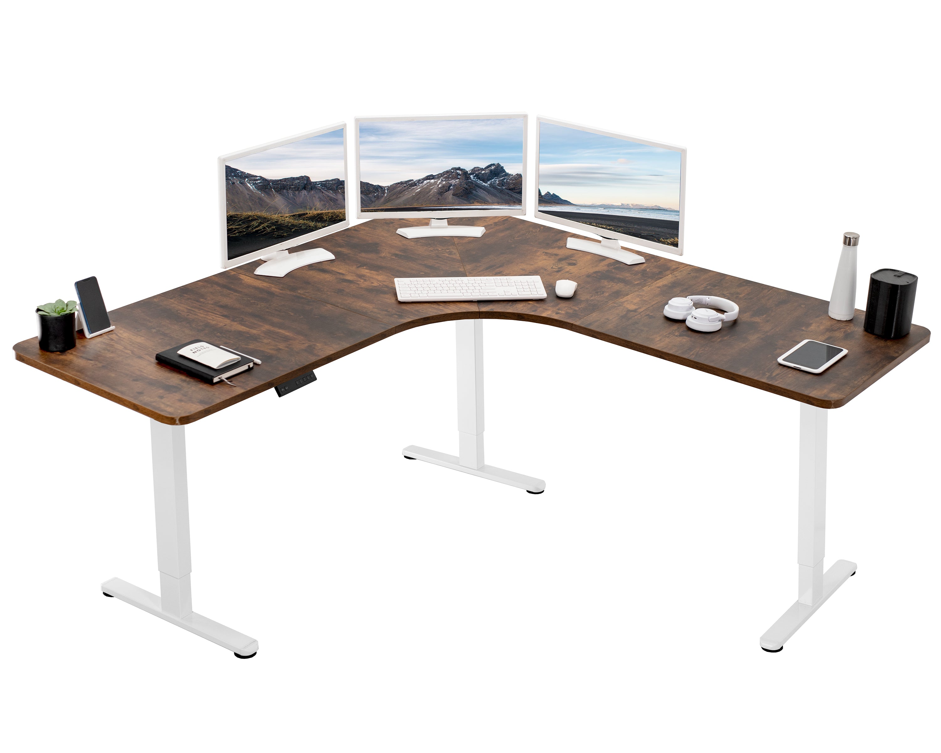 Large, rustic, heavy-duty electric height adjustable corner desk workstation with programmable memory controller.