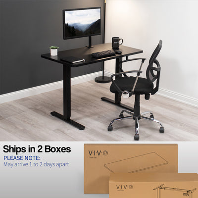 Desk dimensions with a note of potential separate arrival as the desk ships in two boxes that may not arrive at the same time.