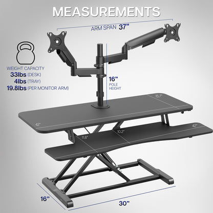 42 inch height adjustable desk riser with articulating mechanical dual monitor mount.