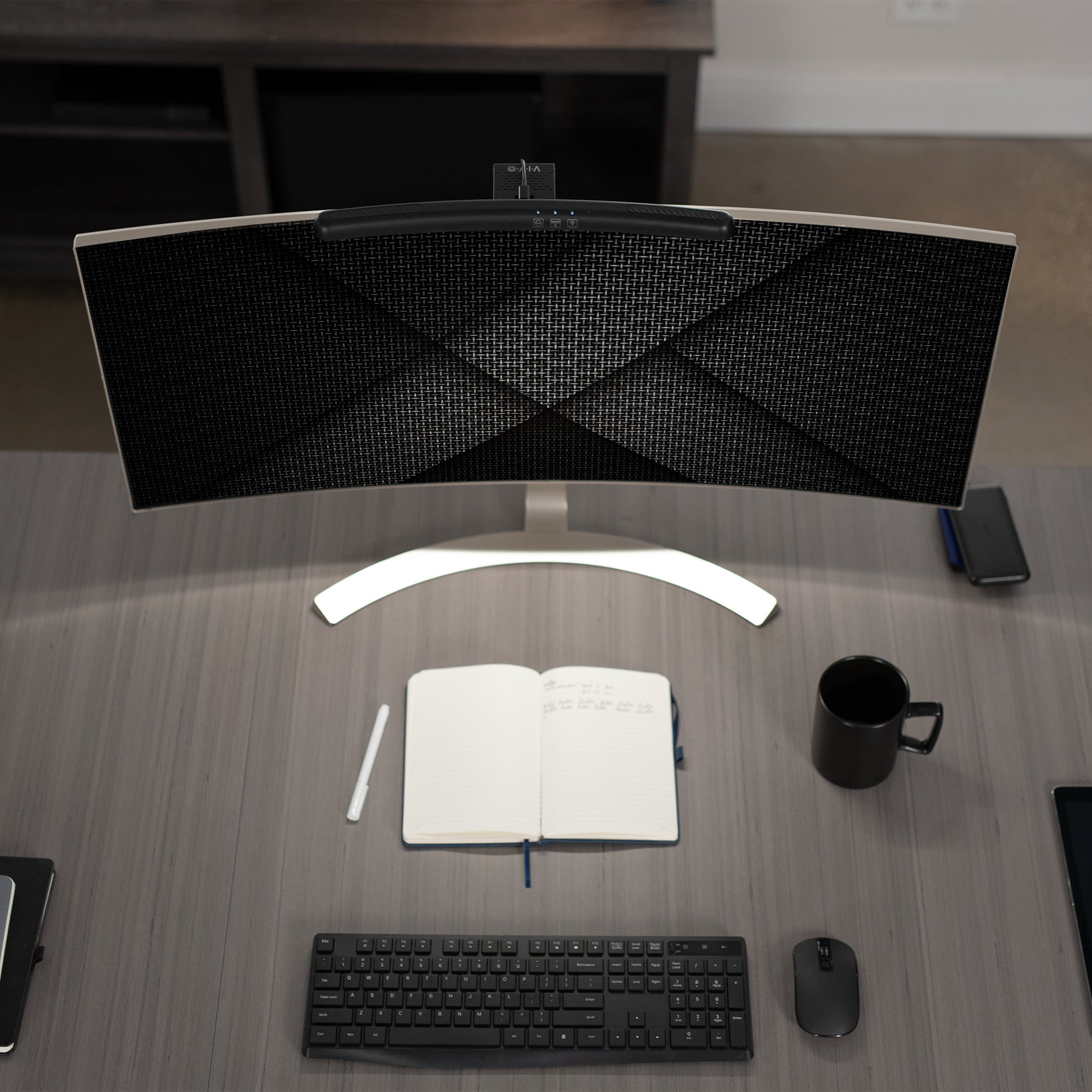 LED light bar for curved monitors powered by USB connection with brightness adjustment and color temperature settings for brighter workstation with no screen glare and increased desk space.