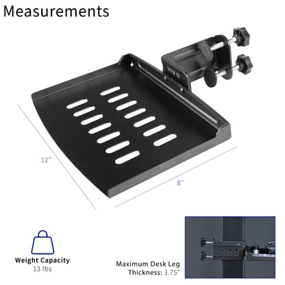 Measurements and specification of storage tray while clamped to desk leg.