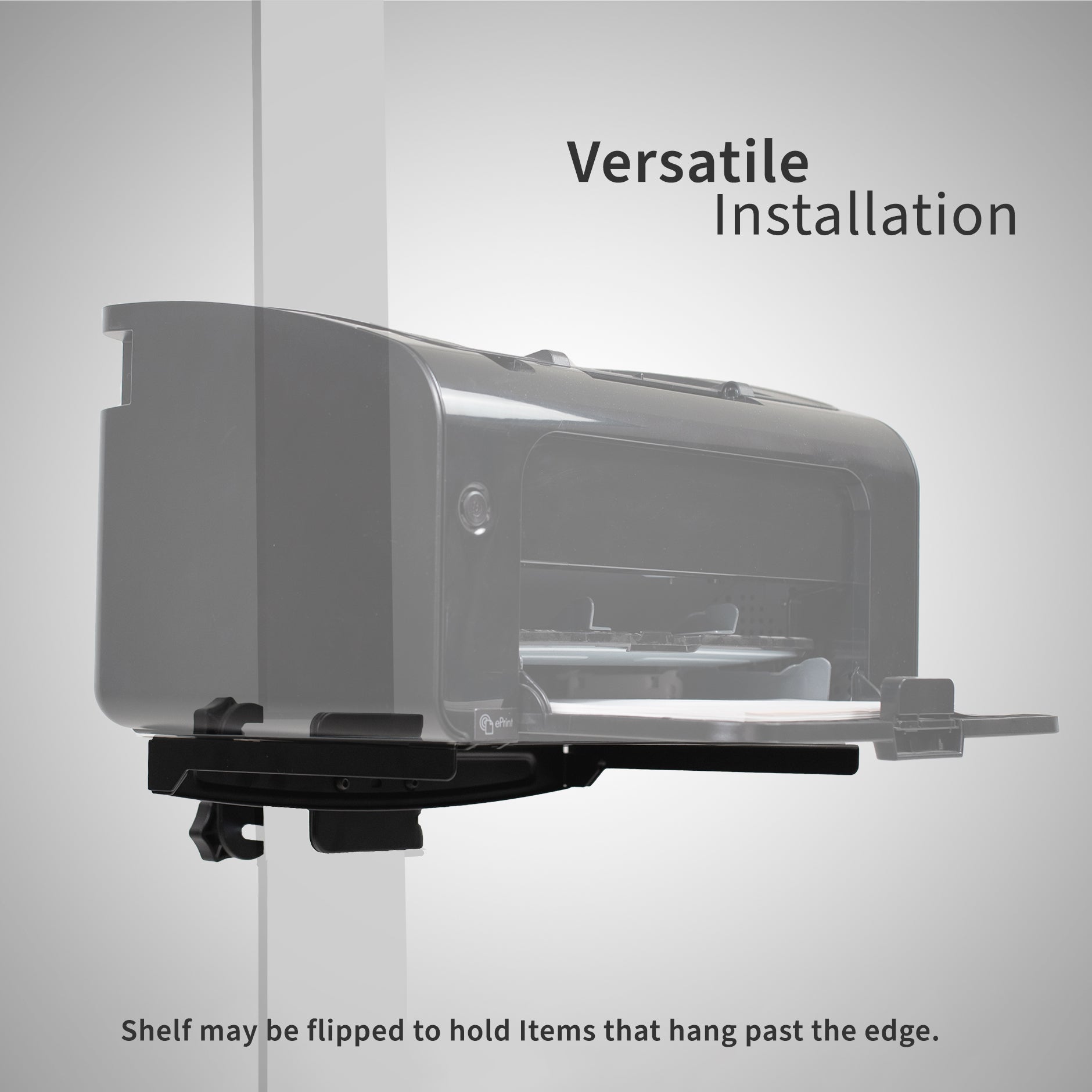 Versatile installation supporting a small printer under the desk for convenience.