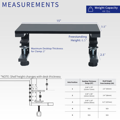 Clamp-on desk shelf with measurements and compatibility