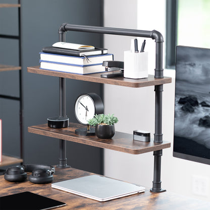 Clamp-on Industrial Pipe Shelves secure to your office desk and create dual level storage for clearing workspace clutter.