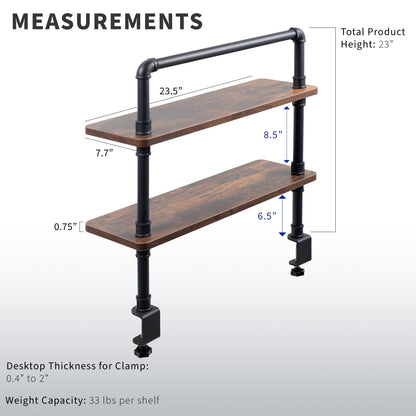 Clamp-on Industrial Pipe Shelves secure to your office desk and create dual level storage for clearing workspace clutter.