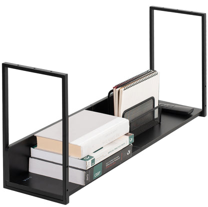 Sleek modern under desk shelf with safety back for flexible convenient storage and organization.