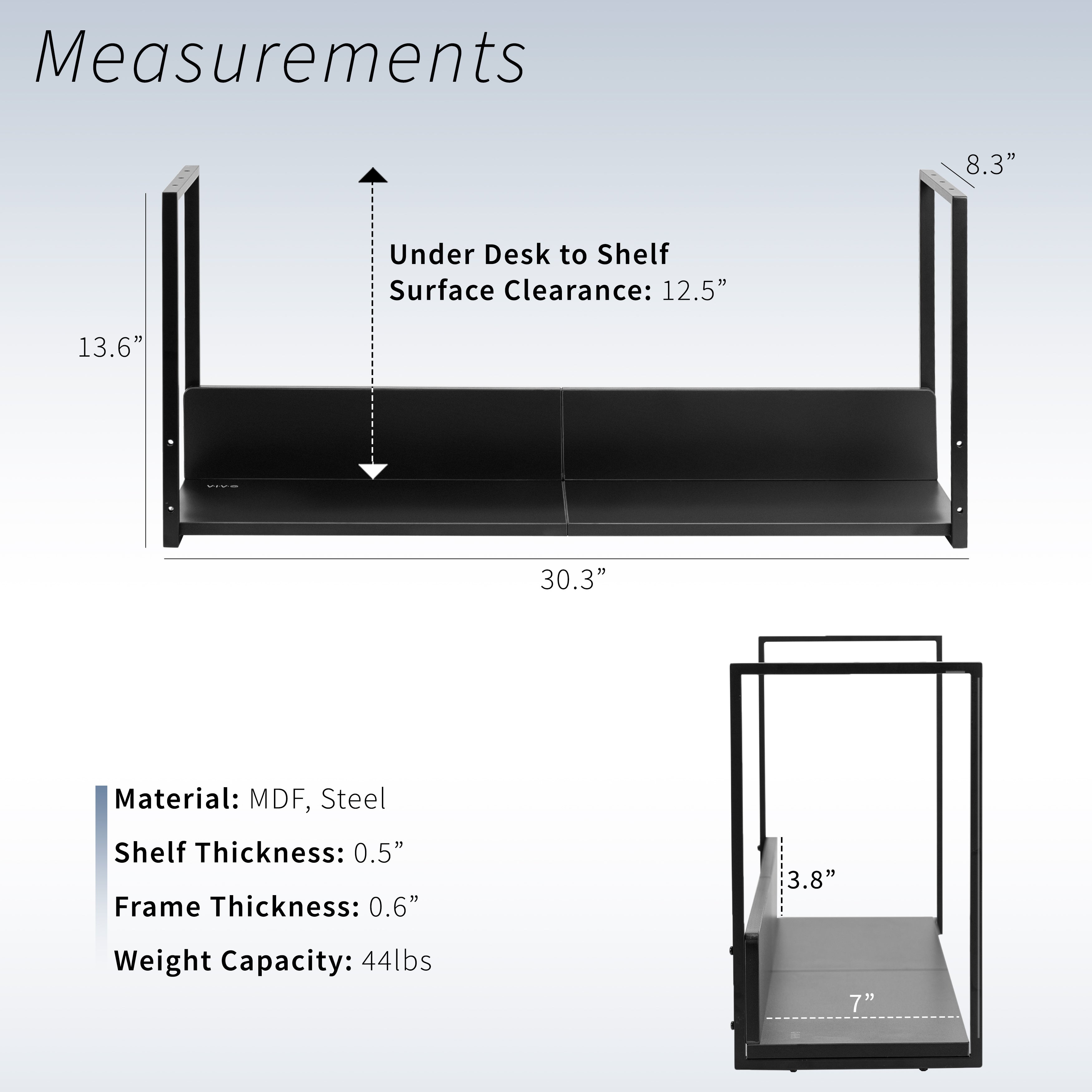 Sleek modern under desk shelf with safety back for flexible convenient storage and organization.