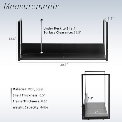 Sleek modern under desk shelf with safety back for flexible convenient storage and organization.