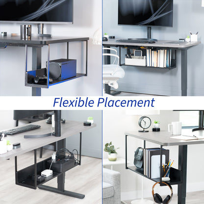 Sleek modern under desk shelf with safety back for flexible convenient storage and organization.