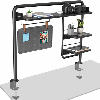 Clamp-on Desktop Shelving System for organizing office workspaces.