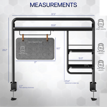 Clamp-on Desktop Shelving System for organizing office workspaces.