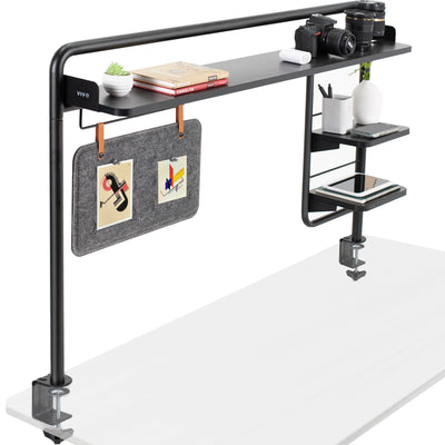 Clamp-on Desktop Shelving System for organizing office workspaces.