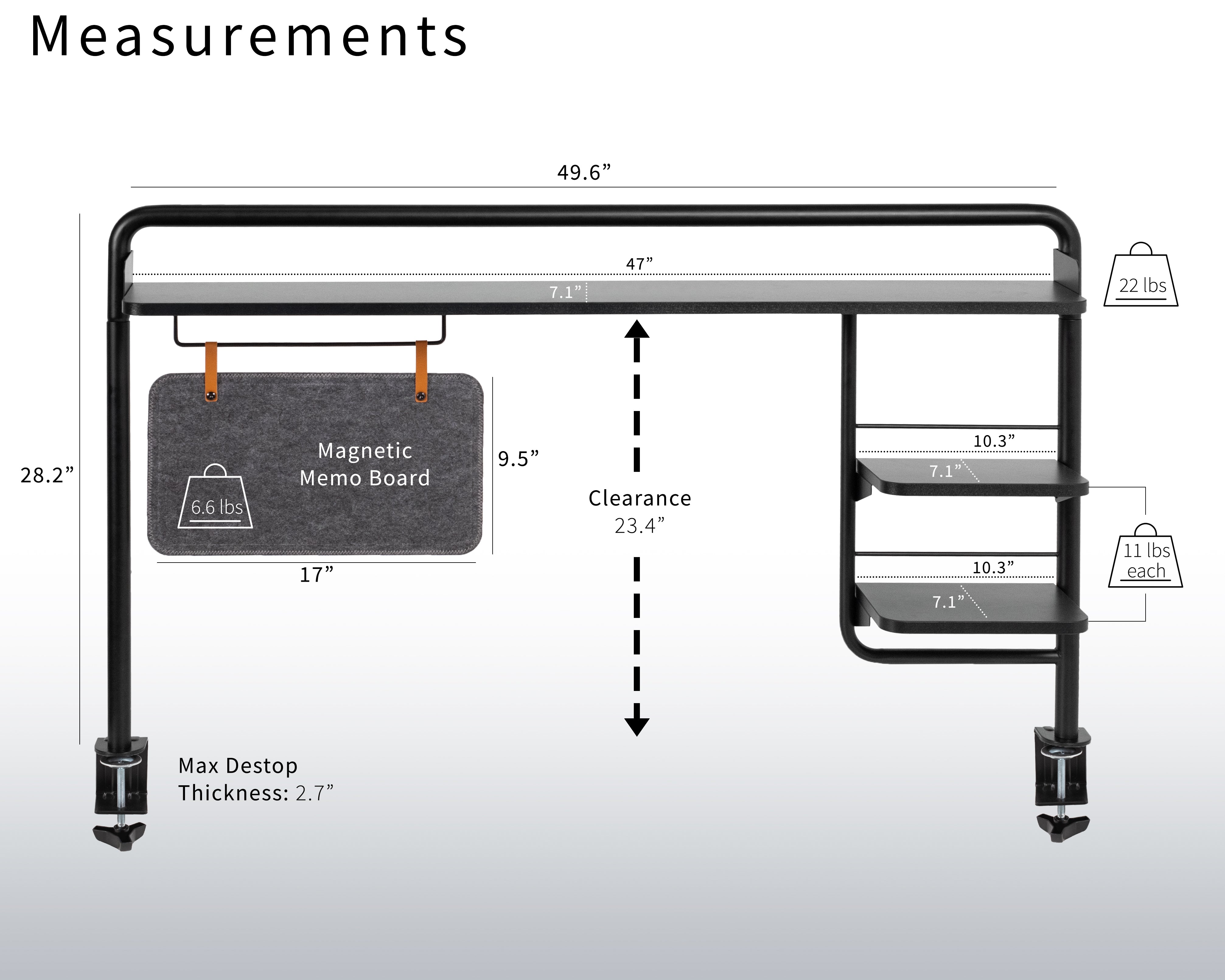 Clamp-on Desktop Shelving System for organizing office workspaces.