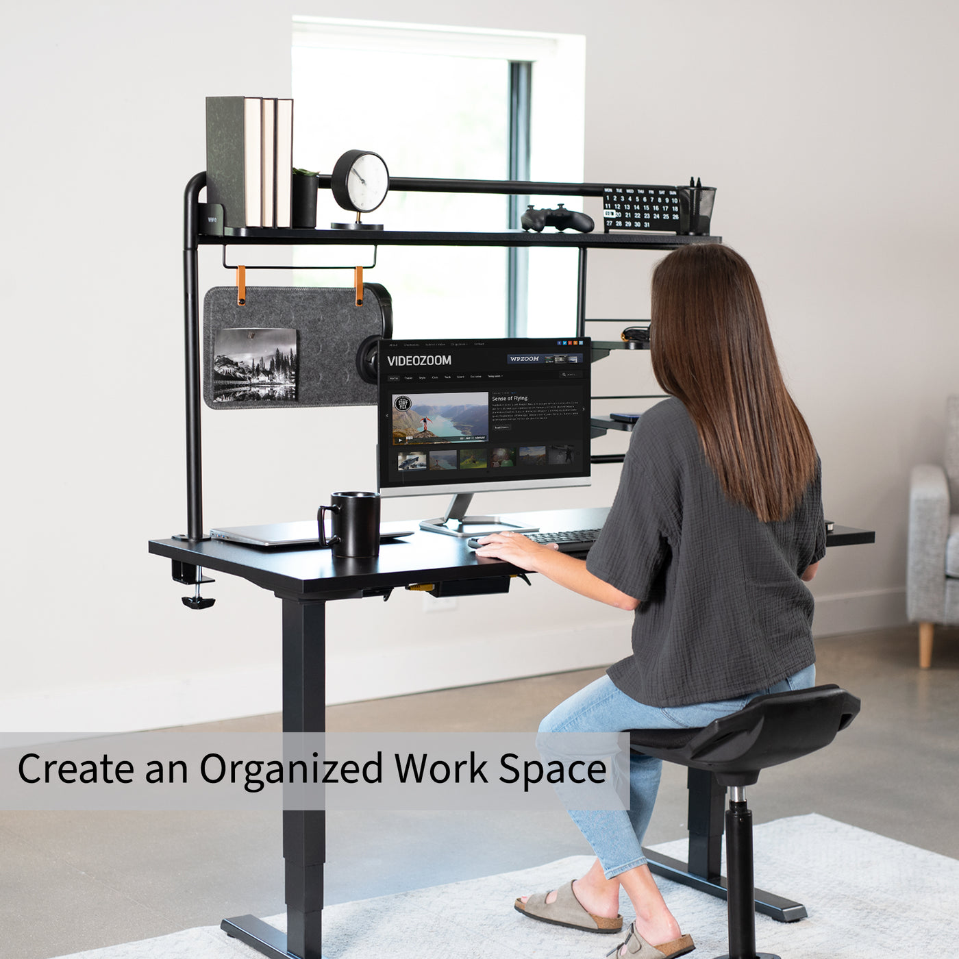 Clamp-on Desktop Shelving System for organizing office workspaces.