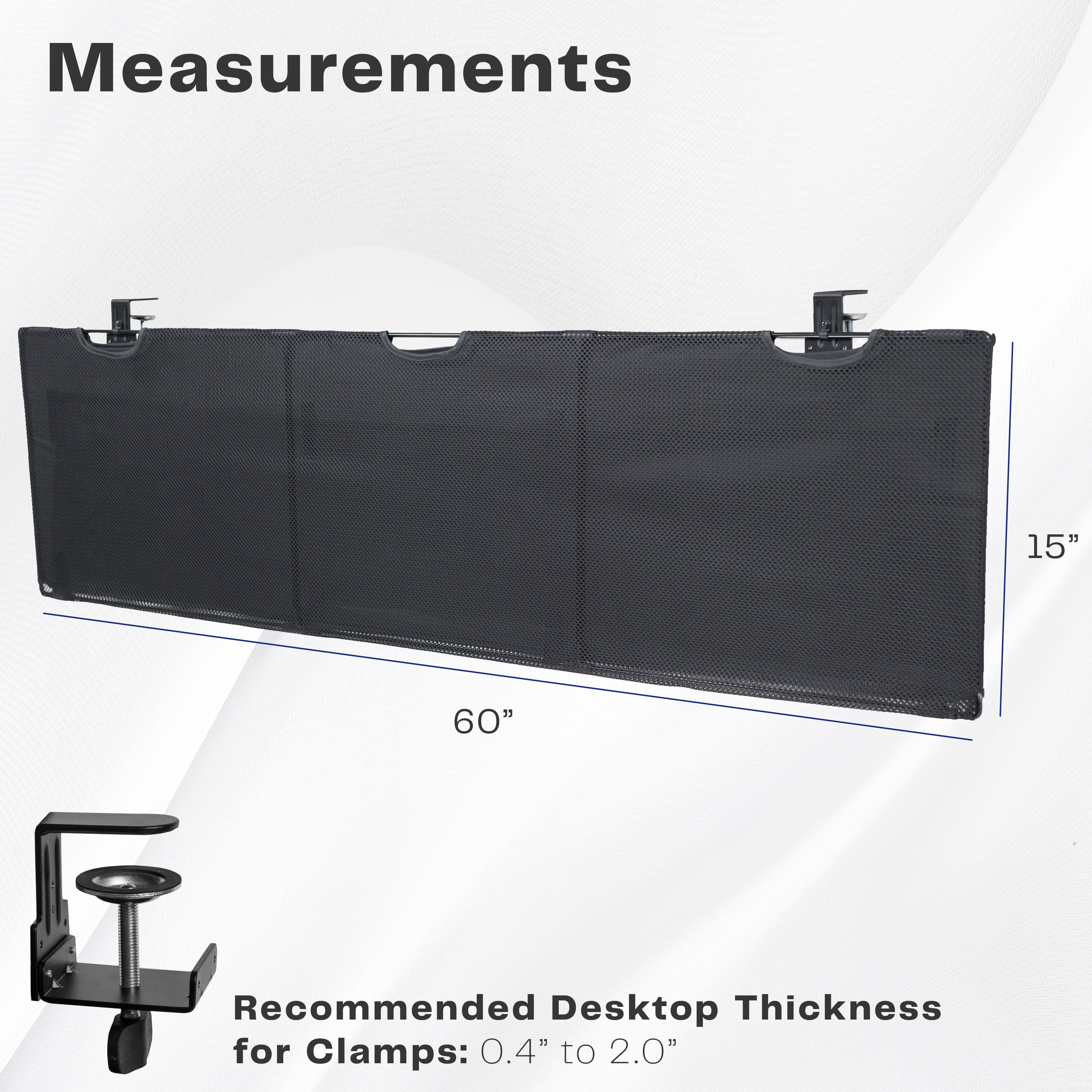 Dimensions of clamp-on desk skirt with extra storage and cord management.