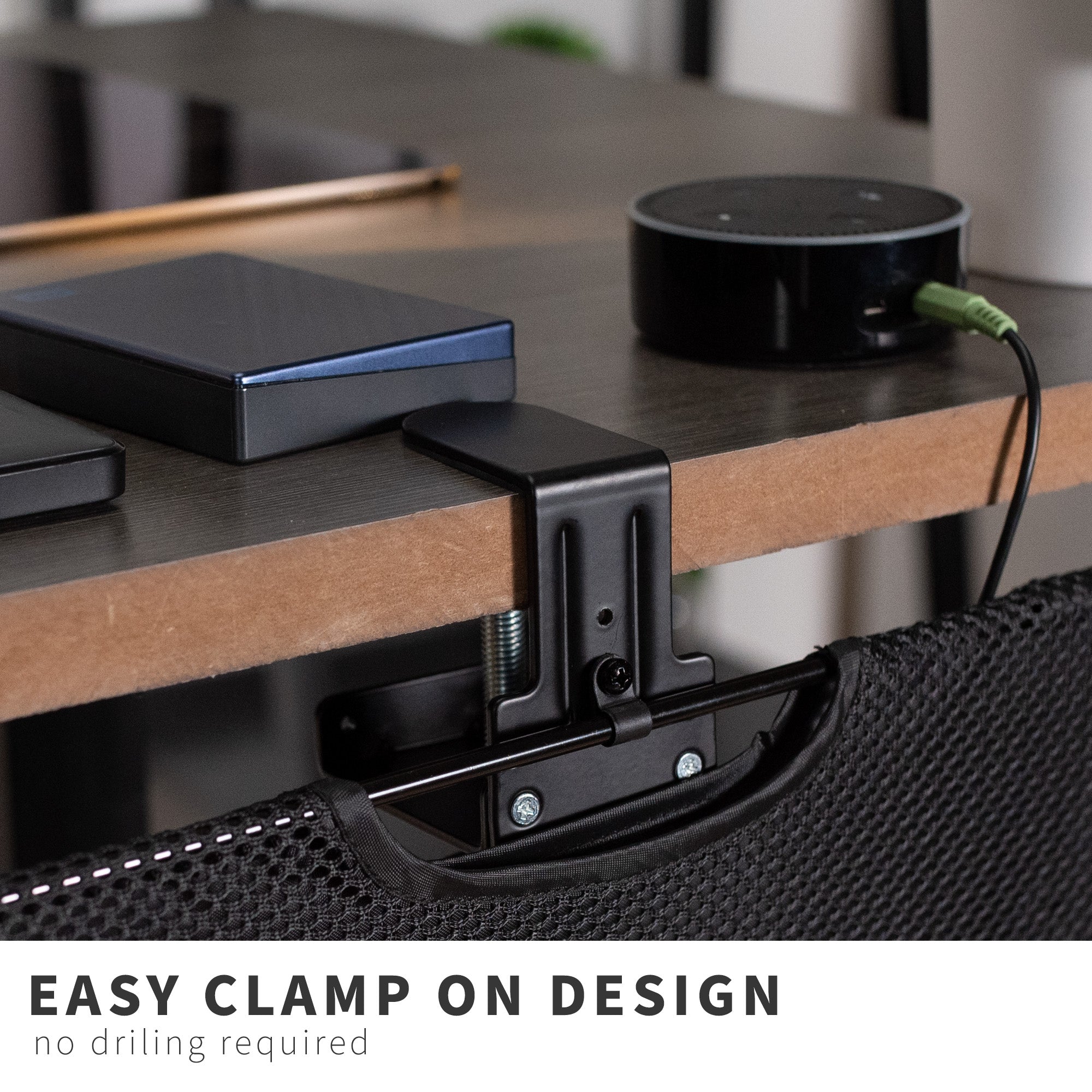 Durable clamp-on desk skirt for extra storage and cord management.