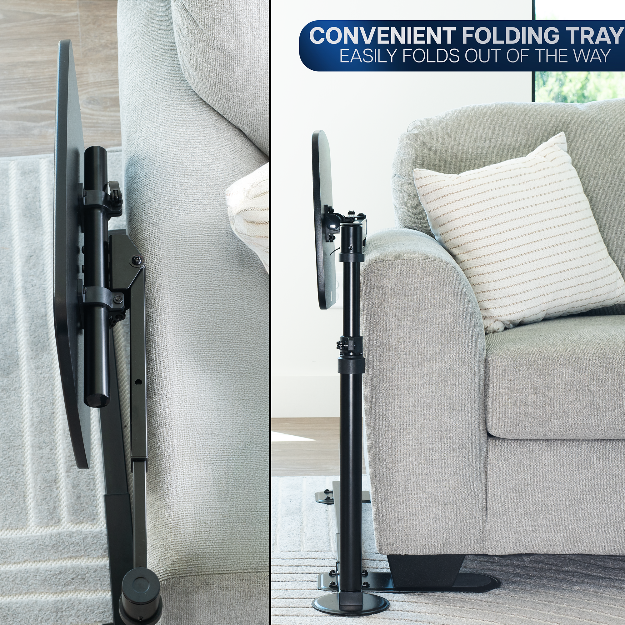Black adjustable laptop desk with a convenient folding tray feature, shown in a living room setting.