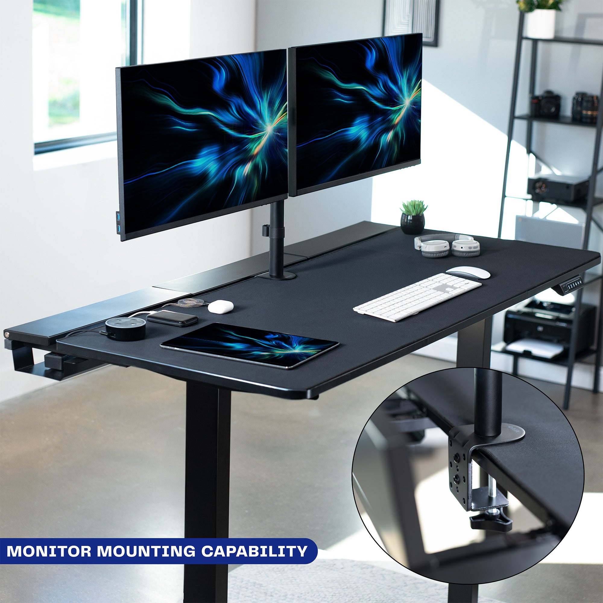 Universal 60 x 30 inch Table Top with Built-In Concealed Cable Trays for Standard and Sit to Stand Height Adjustable Home and Office Desk Frames, Full Size Mouse Pad, Black Desktop