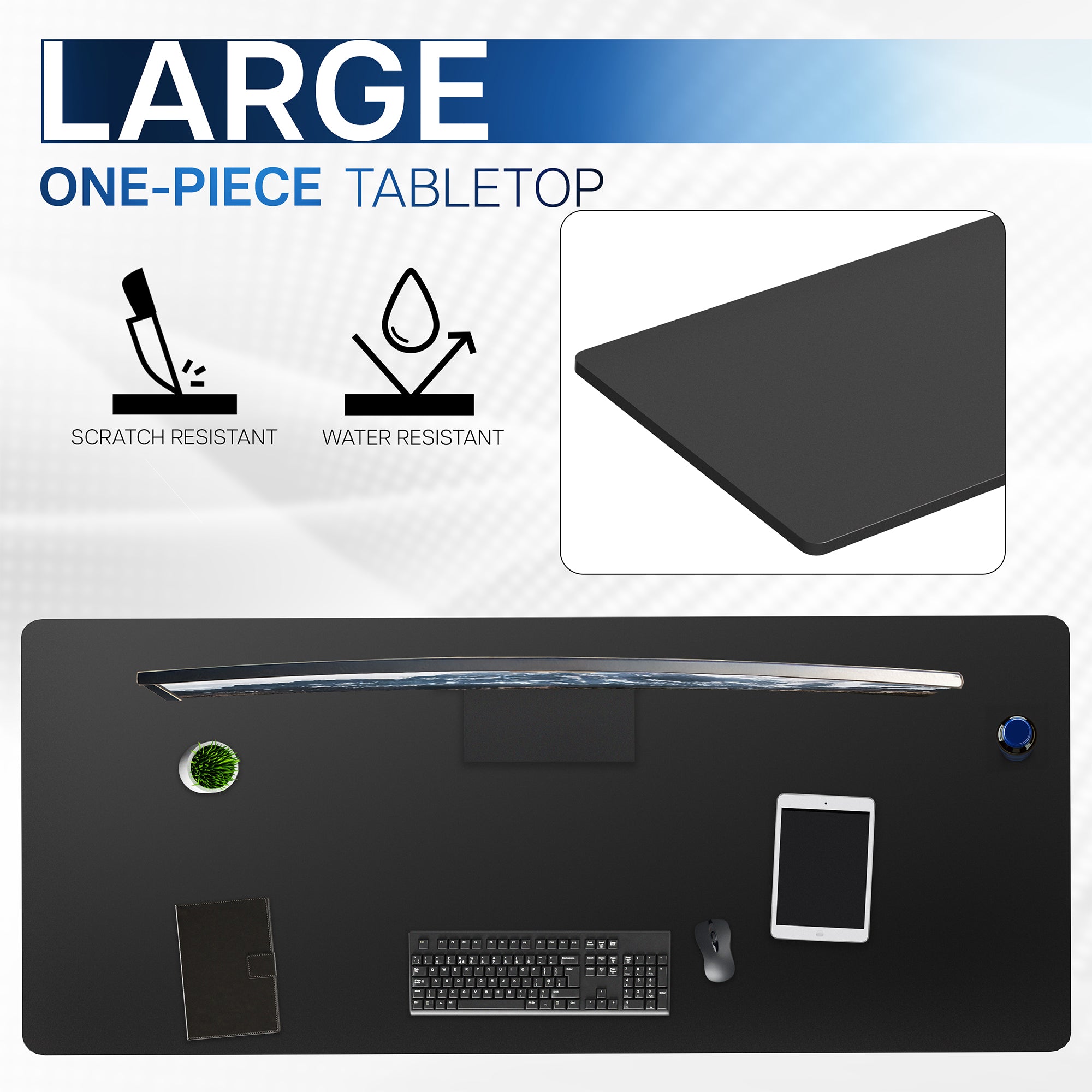 Durable tabletop for sit-stand desk workstation with wide surface.