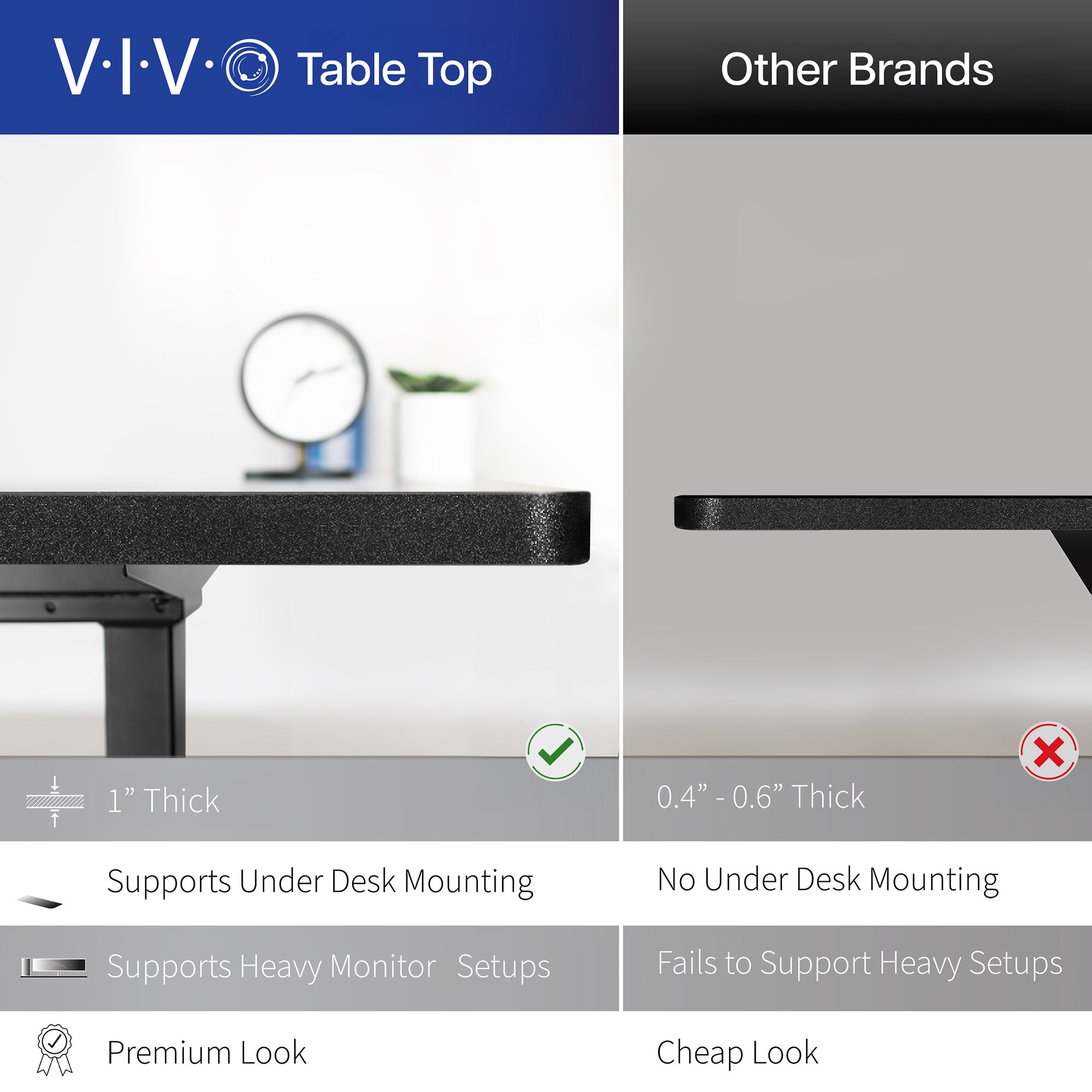 Durable tabletop for sit-stand desk workstation with wide surface.